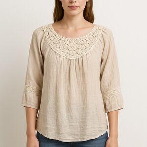 Jolt Ivory Lace Crochet Peasant Tunic Top M Boho Lagenlook Coastal Western